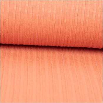 Ripp-Jacquard-Jersey aus Baumwolle mit feiner, geprägter Streifenstruktur in warmem Coral – weich, elastisch und mit angenehmer Oberflächentextur. Breite: 1,35 m. Ideal für Tops und Jerseymode - ausgerollt und glatt liegend
