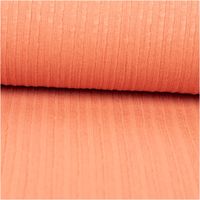 Ripp-Jacquard-Jersey aus Baumwolle mit feiner, geprägter Streifenstruktur in warmem Coral – weich, elastisch und mit angenehmer Oberflächentextur. Breite: 1,35 m. Ideal für Tops und Jerseymode - ausgerollt und glatt liegend