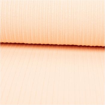 Ripp-Jacquard-Jersey aus Baumwolle mit feiner, geprägter Streifenstruktur in zartem Lachsrosa – weich, elastisch und mit angenehmer Oberflächentextur. Breite: 1,35 m. Ideal für Tops und Jerseymode - ausgerollt und glatt liegend
