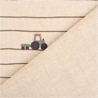 Vorhangstoff in Leinenoptik, naturbeige mit feinen braunen Streifen und verspielten Fahrzeug-Motiven in Terrakotta, Salbei und Dunkelblau. Charmant & kindgerecht. 140 cm breit - mit Rueckseite