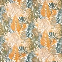 Outdoorstoff mit UPF 50+, wasserabweisend und polsterfähig, mit großflächigen Palmen- und Farnblättern in Ocker, Petrol und Beige auf weißem Grund – tropisch, grafisch und ausdrucksstark. Breite: 1,50 m - Vollansicht