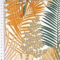 Outdoorstoff mit UPF 50+, wasserabweisend und polsterfähig, mit großflächigen Palmen- und Farnblättern in Ocker, Petrol und Beige auf weißem Grund – tropisch, grafisch und ausdrucksstark. Breite: 1,50 m - mit Massband
