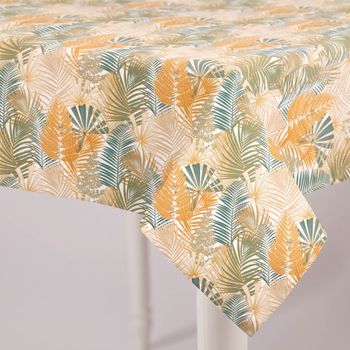 Tischdecke abwaschbar Outdoor Blätter grün weiß gelb in versch. Größen von SCHOENER LEBEN. Tischdecke mit tropischem Blattmuster in Gruen und Beige, gesamte Tischansicht aus seitlicher Perspektive.
