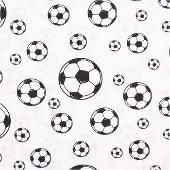 Baumwollwebware von Swafing mit schwarz-weißen Fußbällen in verschiedenen Größen auf weißem Grund – sportlich, klar und zeitlos. Breite: 1,47 m. Ideal für Kinder- und Sportprojekte - Nahaufnahme