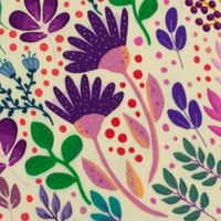 Viskose-Webware „In Full Bloom" by Emjo-Design von Swafing, 1,50 m breit, in Natur mit botanischem Allover-Muster aus Blüten, Blättern und Beeren in Lila, Pink, Grün und Blau – fröhlich und feminin - Detailaufnahme