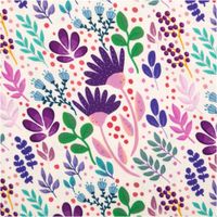 Viskose-Webware „In Full Bloom" by Emjo-Design von Swafing, 1,50 m breit, in Natur mit botanischem Allover-Muster aus Blüten, Blättern und Beeren in Lila, Pink, Grün und Blau – fröhlich und feminin - Nahaufnahme