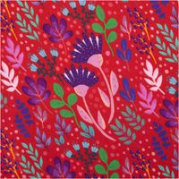Viskose-Webware „In Full Bloom" by Emjo-Design von Swafing, 1,50 m breit, in Rot mit botanischem Allover-Muster aus Blüten, Blättern und Beeren in Lila, Mint, Grün und Blau – ausdrucksstark und feminin - Nahaufnahme