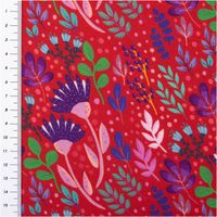 Viskose-Webware „In Full Bloom" by Emjo-Design von Swafing, 1,50 m breit, in Rot mit botanischem Allover-Muster aus Blüten, Blättern und Beeren in Lila, Mint, Grün und Blau – ausdrucksstark und feminin - mit Massband