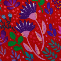 Viskose-Webware „In Full Bloom" by Emjo-Design von Swafing, 1,50 m breit, in Rot mit botanischem Allover-Muster aus Blüten, Blättern und Beeren in Lila, Mint, Grün und Blau – ausdrucksstark und feminin - Detailaufnahme