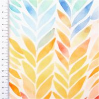 Wasserabweisender Outdoor-Canvas „Aurelia" von Swafing, 1,47 m breit, in Wollweiß mit aquarelliertem Zickzack-Blattmuster in Gelb, Orange, Rot, Mint, Blau und Grün – farbenfroh und wetterfest - mit Massband