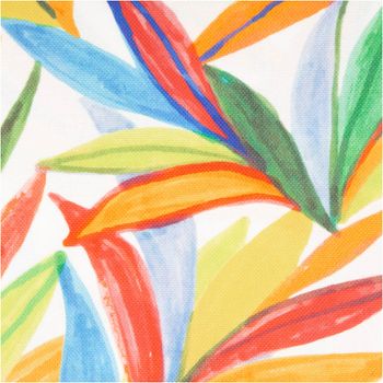Wasserabweisender Outdoor-Canvas „Aurelia" von Swafing, 1,47 m breit, in Wollweiß mit großflächigem Aquarell-Blattmuster in Orange, Rot, Blau, Grün und Gelb – lebendig, tropisch und wetterfest - Nahaufnahme