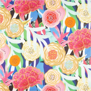 Wasserabweisender Outdoor-Canvas „Aurelia" von Swafing, 1,47 m breit, mit großflächigem Blumenmuster – üppige Pfingstrose in Pink mit Goldkontur vor abstrakt-buntem Hintergrund in Blau, Grün und Orange - Vollansicht