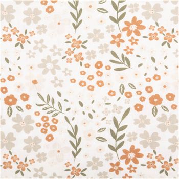 Baumwollpopeline mit zarten Blümchen in verschiedenen Größen und Terrakottaorange sowie Beige mit olivgrünen Zweigen auf wollweißem Grund – botanisch, romantisch und zeitlos. Breite: 1,45 m. Ideal für Nähprojekte - Nahaufnahme
