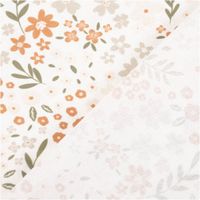 Baumwollpopeline mit zarten Blümchen in verschiedenen Größen und Terrakottaorange sowie Beige mit olivgrünen Zweigen auf wollweißem Grund – botanisch, romantisch und zeitlos. Breite: 1,45 m. Ideal für Nähprojekte. - mit Rueckseite