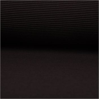 Rippjersey Ottoman in sattem Schwarz – uni, mit feiner, horizontal verlaufender Rippenstruktur, elastisch und weich. Als Rolle aufgewickelt präsentiert. Breite: 1,50 m. Ideal für Tops, Kleider und Jerseymode - ausgerollt und glatt liegend