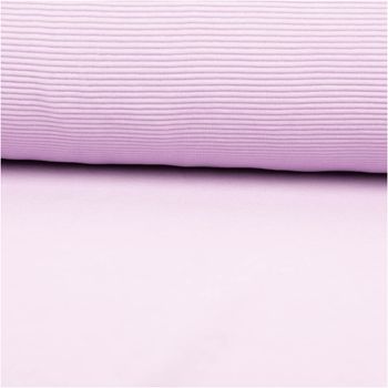Rippjersey Ottoman in zartem Lila – uni, mit feiner Rippenstruktur auf der Oberseite und glatter Rückseite, elastisch und weich. Als Rolle aufgewickelt präsentiert. Breite: 1,50 m. Ideal für Tops und Jerseymode - ausgerollt und glatt liegend