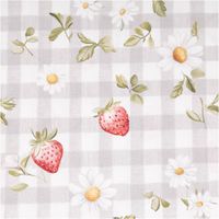 95095-Baumwollstoff-Popeline-Stoff-Erdbeeren-Karos-Blumen-grau-rot-1-40m-Breite-IMG-6126.jpg Baumwollpopeline mit Erdbeeren, weißen Margeriten und grünen Blättchen auf grau-weißem Vichy-Karomuster – romantisch, landhaus-charmant und sommerlich frisch. Breite: 1,40 m. Ideal für Nähprojekte - Nahaufnahme