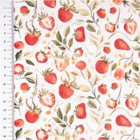 95101-Baumwollstoff-Popeline-Stoff-Erdbeeren-Blaetter-weiss-rot-gruen-1-40m-Breite-IMG-6112.jpg Baumwollpopeline mit detailreich illustrierten Erdbeeren – ganz und aufgeschnitten – samt zarten Blättern und Körnern auf weißem Grund – frisch, botanisch und sommerlich. Breite: 1,40 m. Ideal für Nähprojekte - mit Massband