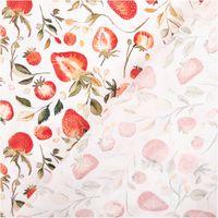 95101-Baumwollstoff-Popeline-Stoff-Erdbeeren-Blaetter-weiss-rot-gruen-1-40m-Breite-IMG-6114.jpg Baumwollpopeline mit detailreich illustrierten Erdbeeren – ganz und aufgeschnitten – samt zarten Blättern und Körnern auf weißem Grund – frisch, botanisch und sommerlich. Breite: 1,40 m. Ideal für Nähprojekte - mit Rueckseite
