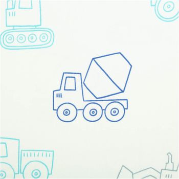 Baumwolljersey mit Konturzeichnungen von Baufahrzeugen – Betonmischer, Bagger und Radlader – in Blau und Türkis auf wollweißem Grund – klar, verspielt und sportlich. Breite: 1,50 m. Ideal für Kinderprojekte - Nahaufnahme