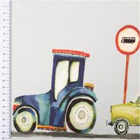 Dekostoff mit lebhaftem Aquarell-Fahrzeugmuster auf Weiß – Autos, LKW, NYC-Taxi, Feuerwehr, Traktor & Verkehrsschilder in Rot, Blau, Gelb und Grün. Ideal für Kinderzimmer. 137 cm breit - mit Massband
