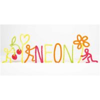 Aus Chenilledraht geformter Schriftzug Neon mit Figuren, Blumen und Kirschen aus buntem Neon-Biegeplüsch