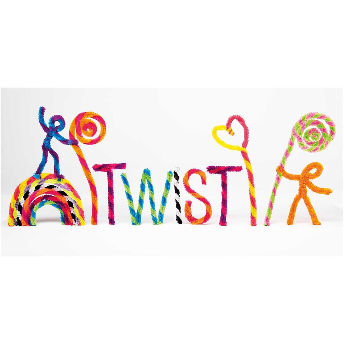 95113-Rico-Design-Chenilledraht-Mix-Bunt-Gestreift-50cm-10er-Pack-576220-08758-03-18-AW-1-1920x1920.jpg Aus bunt gestreiftem Chenilledraht geformter Schriftzug Twister mit Regenbogen, Lollis und Figuren in leuchtenden Farben