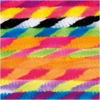 Nahaufnahme von mehrfarbig gestreiften Chenilledrähten in Pink, Gelb, Orange, Grün, Blau, Lila, Schwarz und Weiß