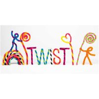 Aus bunt gestreiftem Chenilledraht geformter Schriftzug Twister mit Regenbogen, Lollis und Figuren in leuchtenden Farben