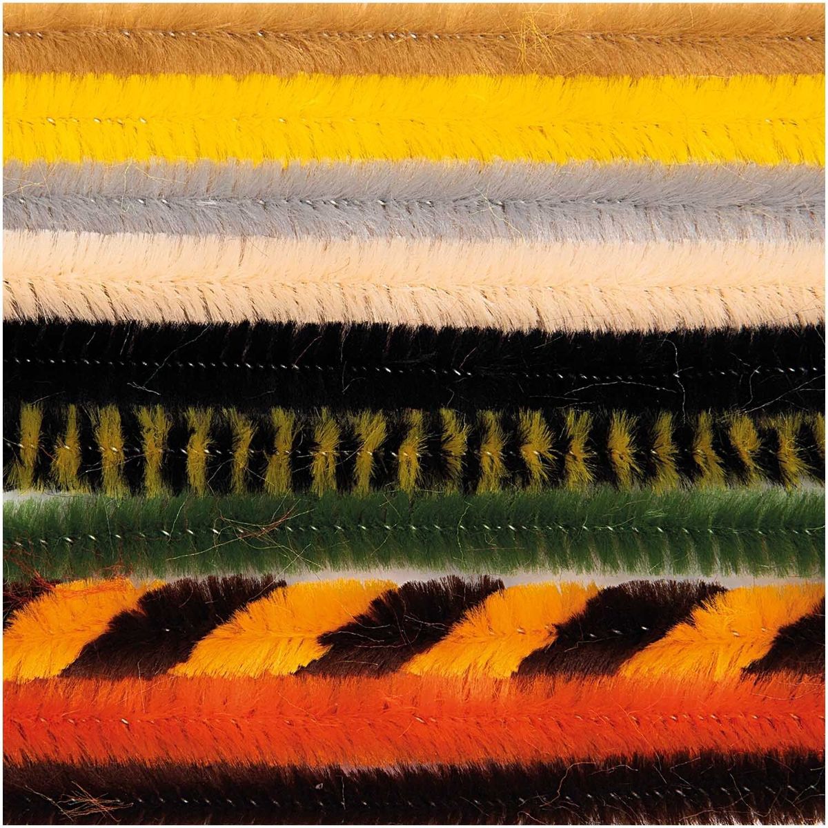 95115-Rico-Design-Chenilledraht-Mix-Bunt-Gestreift-50cm-10er-Pack-576254-08758-03-24-1-1920x1920.jpg Nahaufnahme von Chenilledrähten in Naturfarben wie Braun, Beige, Grün, Gelb, Grau und Orange mit verschiedenen Mustern