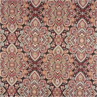 Jacquard-Gobelin mit feinem orientalischen Medaillon-Ornamentmuster in Rot, Gold, Hellblau und Creme auf schwarzem Grund – detailreich gewebt, edel & zeitlos. Ideal für Kissen & Polster. 140 cm breit - Vollansicht