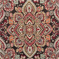 Jacquard-Gobelin mit feinem orientalischen Medaillon-Ornamentmuster in Rot, Gold, Hellblau und Creme auf schwarzem Grund – detailreich gewebt, edel & zeitlos. Ideal für Kissen & Polster. 140 cm breit - Nahaufnahme