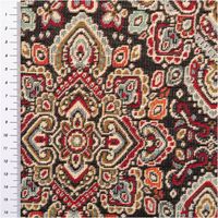Jacquard-Gobelin mit feinem orientalischen Medaillon-Ornamentmuster in Rot, Gold, Hellblau und Creme auf schwarzem Grund – detailreich gewebt, edel & zeitlos. Ideal für Kissen & Polster. 140 cm breit - mit Massband