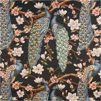 95142-Jacquard-Stoff-Gobelin-Pfau-Bluetenzweige-schwarz-bunt-1-40m-Breite-IMG-6600.jpg Jacquard-Gobelin mit prachtvollem Pfauenmotiv auf schwarzem Grund – detailreiche Pfauen in Petrol und Gold zwischen weißen und rosafarbenen Kirschblüten an braunen Ästen. 140 cm breit - Vollansicht