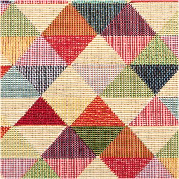 Jacquard-Gobelin mit großflächigem Dreiecksmuster in Rot, Petrol, Gelb, Grün und Schwarz auf hellem Grund – geometrisch, farbenfroh und markant gewebt. Ideal für Kissen & Polster. 140 cm breit - Nahaufnahme