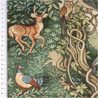 Jacquard-Gobelin mit detailreichem Waldmotiv – stolzer Hirsch und Eule in sattem Grün, Terrakotta und Creme, umrahmt von üppigem Blattwerk. Edel & naturverbunden. Ideal für Kissen & Polster. 140 cm breit - mit Massband