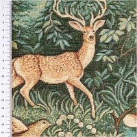 Jacquard-Gobelin mit detailreichem Waldmotiv – stolzer Hirsch und Eule in sattem Grün, Terrakotta und Creme, umrahmt von üppigem Blattwerk. Edel & naturverbunden. Ideal für Kissen & Polster. 140 cm breit - Detailaufnahme mit Massband