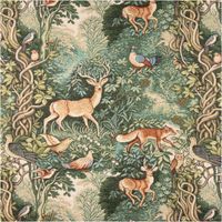 95146-Jacquard-Stoff-Gobelin-Waldtiere-gruen-braun-1-40m-Breite-IMG-6590.jpg Jacquard-Gobelin mit detailreichem Waldmotiv – stolzer Hirsch und Eule in sattem Grün, Terrakotta und Creme, umrahmt von üppigem Blattwerk. Edel & naturverbunden. Ideal für Kissen & Polster. 140 cm breit - Vollansicht