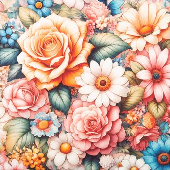 Baumwolljersey mit üppigem Aquarell-Blütenmuster – Rosen in Apricot und Rosa, weiße Margeriten, blaue Blüten und satte Grünblätter. Romantisch & farbenfroh. Weich & dehnbar. 150 cm breit - Nahaufnahme