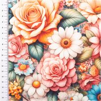 Baumwolljersey mit üppigem Aquarell-Blütenmuster – Rosen in Apricot und Rosa, weiße Margeriten, blaue Blüten und satte Grünblätter. Romantisch & farbenfroh. Weich & dehnbar. 150 cm breit - mit Massband