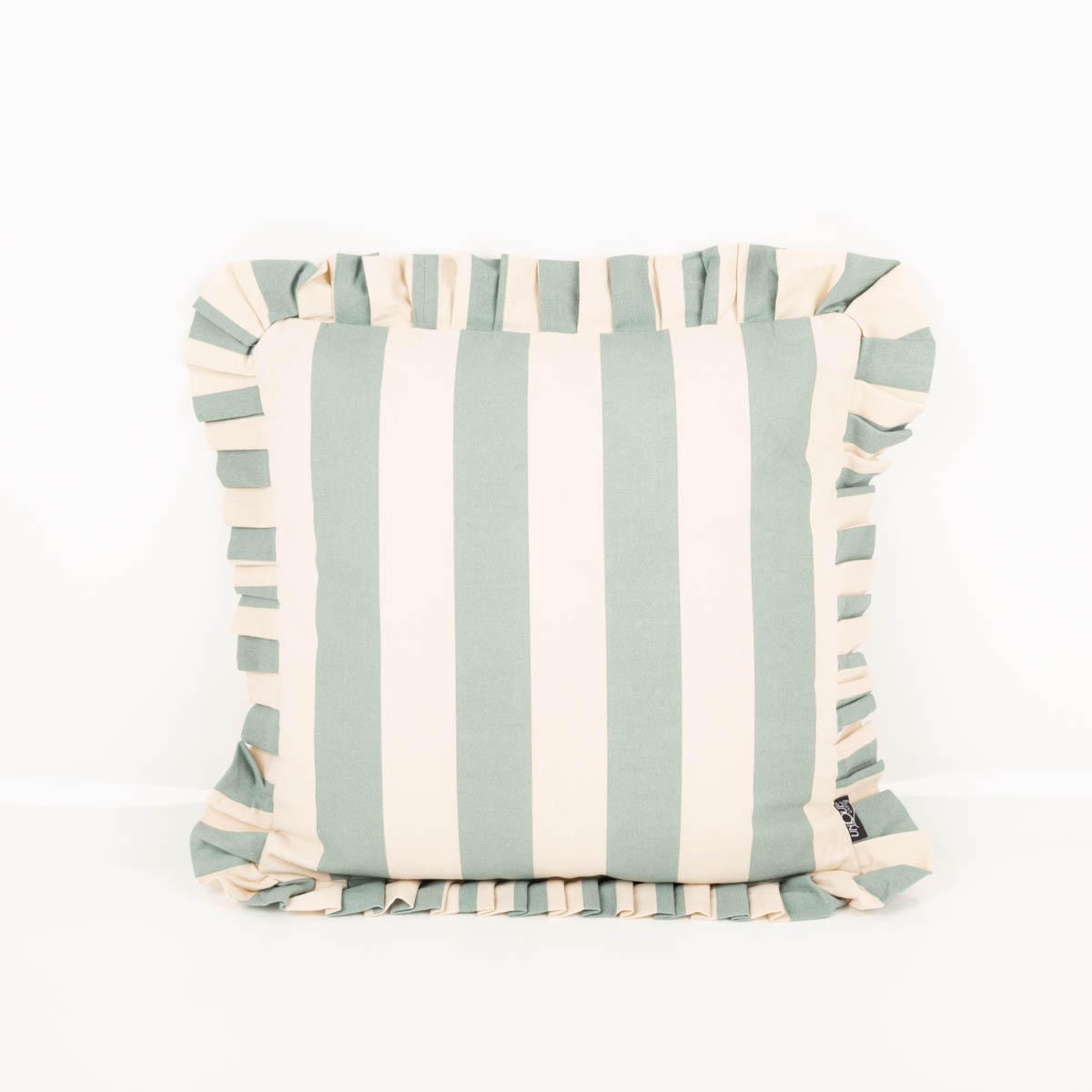 Cushion Sepp 45x45cm beach blue/dove white, Kissen mit grünen und cremefarbenen Streifen und Rüschen an den Rändern