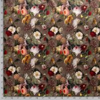 Velvet-Samtstoff Braun Bunt mit Vintage-Rosen, Musterdetail des Digitaldrucks Velvet-Samtstoff Braun Bunt mit Vintage-Rosen, Musterdetail des Digitaldrucks
