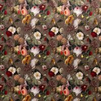 Samt-Dekostoff Braun Bunt mit Vintage-Blumenmuster, Nahaufnahme der weichen Velvet-Struktur Samt-Dekostoff Braun Bunt mit Vintage-Blumenmuster, Nahaufnahme der weichen Velvet-Struktur