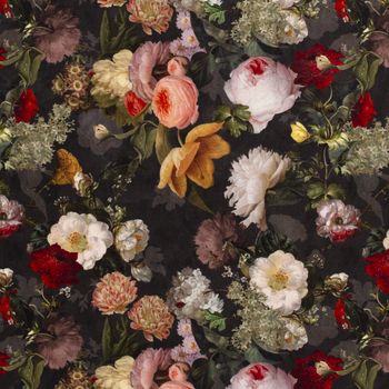 Samtstoff Vorhangstoff Velvet mit Vintage-Rosen-Digitaldruck in Schwarz Bunt, 140 cm breit Samtstoff Vorhangstoff Velvet mit Vintage-Rosen-Digitaldruck in Schwarz Bunt, 140 cm breit