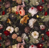 Samtstoff Vorhangstoff Velvet mit Vintage-Rosen-Digitaldruck in Schwarz Bunt, 140 cm breit