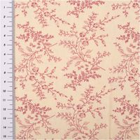 Baumwollstoff Popeline Stoff Blumen und Blätter Serie Romantic Garden Altrosa 1, 40m Breite Stoff mit rotem floralen Muster auf beigem Hintergrund, mit Meterstab zur Groessenangabe.