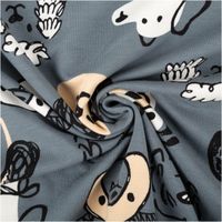 Jersey Stoff Baumwolljersey Hunde blaugrau 1,50m Breite Stoffmuster mit abstrakten Tiermotiven in Grau und Beige, kunstvoll gedreht dargestellt.