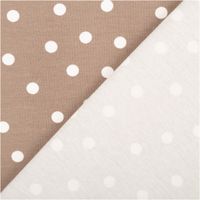 Jersey Stoff Baumwolljersey Punkte beige weiß 1,50m Breite Polka-Dot-Stoff in Braun und Weiß, symmetrisches Muster, diagonale Naht sichtbar.