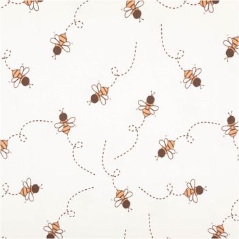 French Terry Krepp Stoff Baumwolle Bienen wollweiß 155cm Baumwollstoff mit niedlichem Bienenmuster auf cremefarbenem Hintergrund, Gesamtansicht der Musterwiederholung.