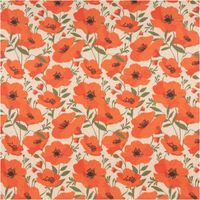 Vorhangstoff Leinenoptik Mohnblumen natur rot 1,40m Breite Baumwollstoff mit leuchtend orangem Mohnblumenmuster auf beigem Hintergrund, Gesamtansicht der Motive.